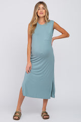 Light Teal Sleeveless Front Pocket Maternity Midi Dress