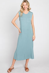 Light Teal Sleeveless Front Pocket Midi Dress