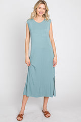 Light Teal Sleeveless Front Pocket Midi Dress