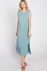 Light Teal Sleeveless Front Pocket Midi Dress