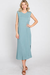 Light Teal Sleeveless Front Pocket Midi Dress