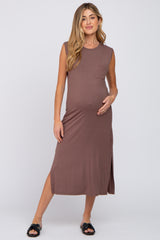 Brown Sleeveless Front Pocket Maternity Midi Dress