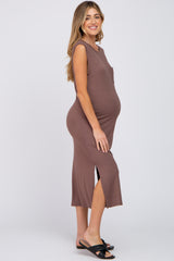 Brown Sleeveless Front Pocket Maternity Midi Dress