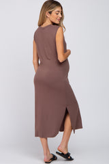 Brown Sleeveless Front Pocket Maternity Midi Dress