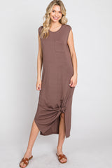 Brown Sleeveless Front Pocket Maternity Midi Dress