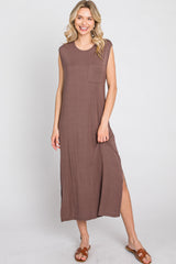 Brown Sleeveless Front Pocket Midi Dress