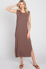 Brown Sleeveless Front Pocket Midi Dress