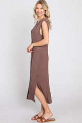 Brown Sleeveless Front Pocket Midi Dress