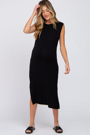 Black Sleeveless Front Pocket Maternity Midi Dress