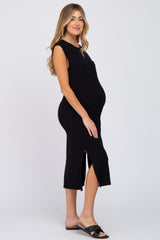 Black Sleeveless Front Pocket Maternity Midi Dress