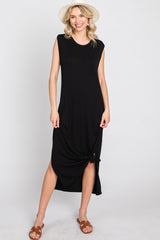 Black Sleeveless Front Pocket Maternity Midi Dress