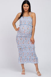 Light Blue Floral Smocked Fitted Maternity Midi Dress