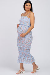 Light Blue Floral Smocked Fitted Maternity Midi Dress