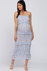 Light Blue Floral Smocked Fitted Maternity Midi Dress