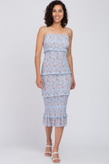 Light Blue Floral Smocked Fitted Maternity Midi Dress