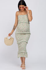 Sage Floral Smocked Fitted Maternity Midi Dress