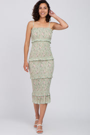 Sage Floral Smocked Fitted Midi Dress