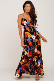 Black Floral Sleeveless Tiered Maxi Dress