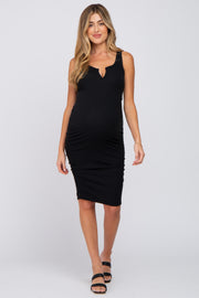 Black Ribbed Split Front Ruched Maternity Dress