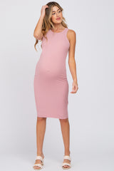 Pink Ribbed Sleeveless Maternity Dress