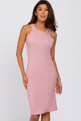 Pink Ribbed Sleeveless Maternity Dress