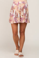 Beige Palm Print Drawstring Accent Maternity Shorts