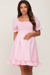 Light Pink Spotted Smocked Puff Sleeve Maternity Dress