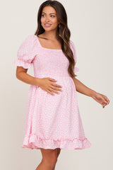 Light Pink Spotted Smocked Puff Sleeve Maternity Dress