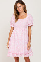 Light Pink Spotted Smocked Puff Sleeve Dress