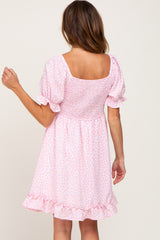 Light Pink Spotted Smocked Puff Sleeve Dress