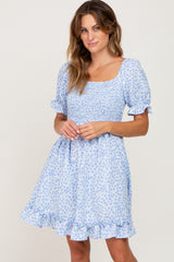 Light Blue Spotted Smocked Puff Sleeve Maternity Dress