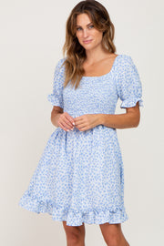 Light Blue Spotted Smocked Puff Sleeve Dress