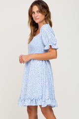 Light Blue Spotted Smocked Puff Sleeve Dress