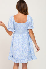 Light Blue Spotted Smocked Puff Sleeve Dress