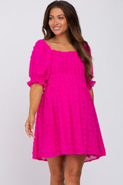 Fuchsia Textured Polka Dot Chiffon Smocked Maternity Dress