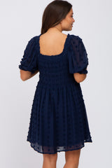 Navy Blue Textured Polka Dot Chiffon Smocked Maternity Dress