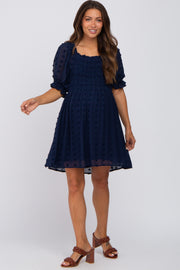 Navy Blue Textured Polka Dot Chiffon Smocked Maternity Dress