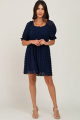 Navy Blue Textured Polka Dot Chiffon Smocked Dress