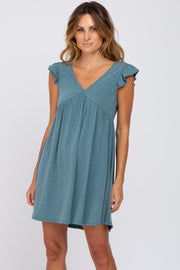 Teal Heathered Flutter Sleeve Dress