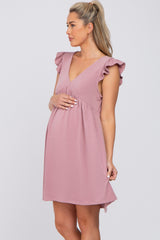 Mauve Heathered Flutter Sleeve Maternity Dress