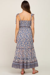 Blue Paisley Print Sleeveless Ruffle Hem Maternity Maxi Dress