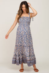 Blue Paisley Print Sleeveless Ruffle Hem Maternity Maxi Dress