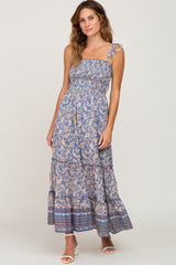 Blue Paisley Print Sleeveless Ruffle Hem Maternity Maxi Dress