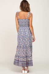 Blue Paisley Print Sleeveless Ruffle Hem Maxi Dress