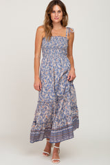 Blue Paisley Print Sleeveless Ruffle Hem Maxi Dress