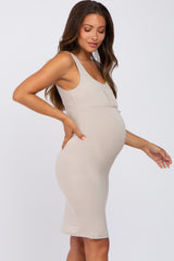 Taupe Square Neck Maternity Fitted Dress