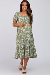 Light Olive Floral Maternity Midi Dress