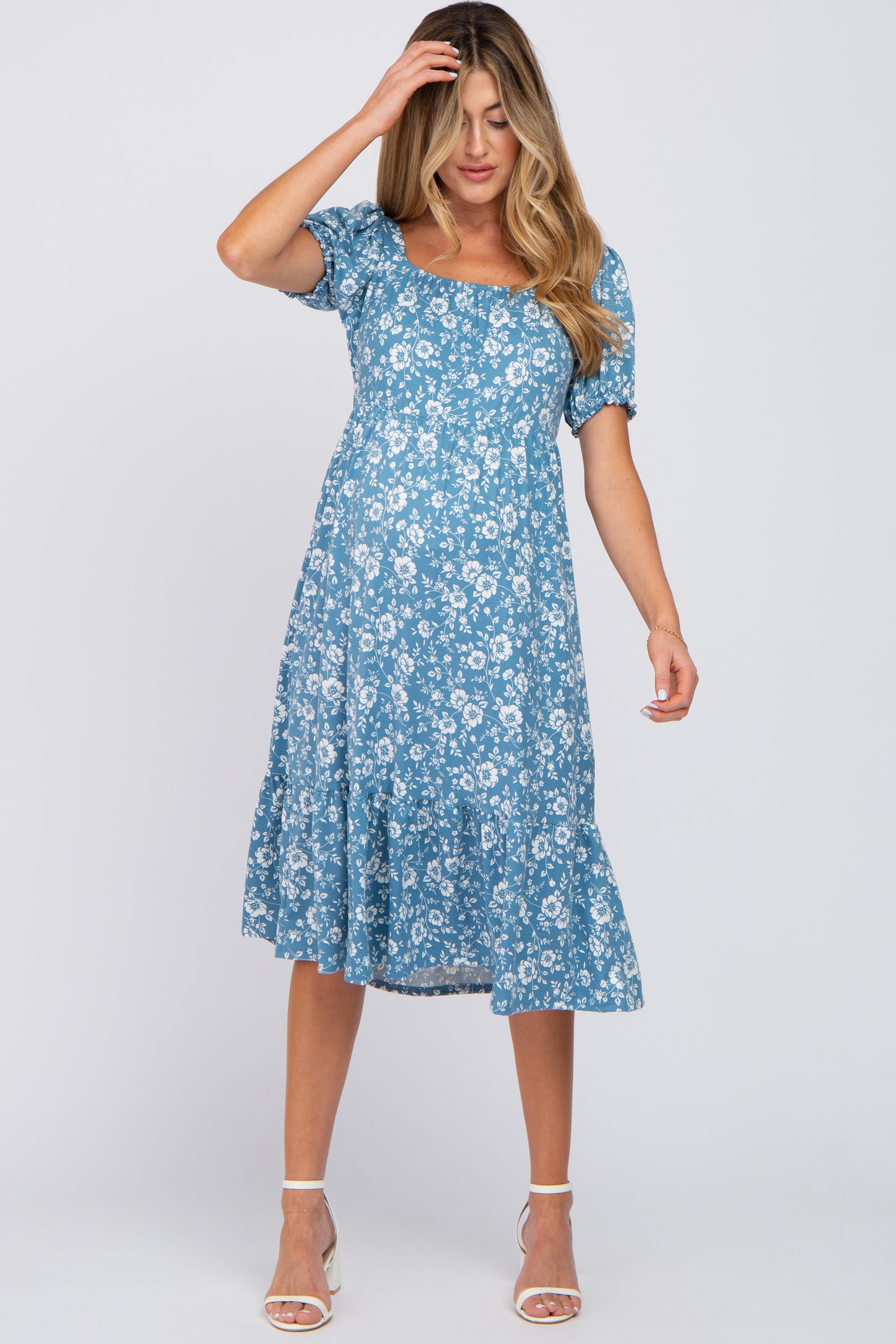 Blue Floral Maternity & Nursing Midi Dress