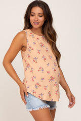 Peach Floral Ribbed Sleeveless Maternity Top