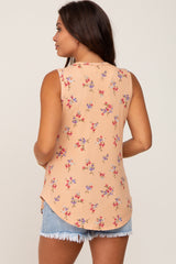 Peach Floral Ribbed Sleeveless Maternity Top